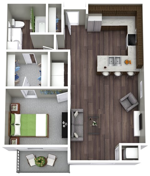 A top-down view of a small apartment with a bedroom, living room, and kitchen.